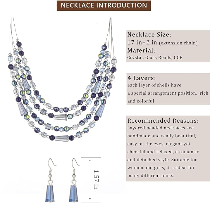 Layered Beaded Statement Necklace Multi Strand Crystal Beads Collar Necklace and Earring Sets for Women Fashion Costume Jewelry Set Gifts for Her