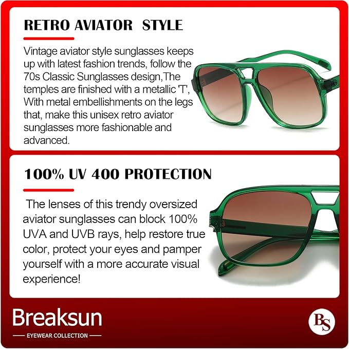 Retro Aviator Sunglasses for Women Men Trendy Classic 70s Square Aviator Sun Glasses Vintage Shades