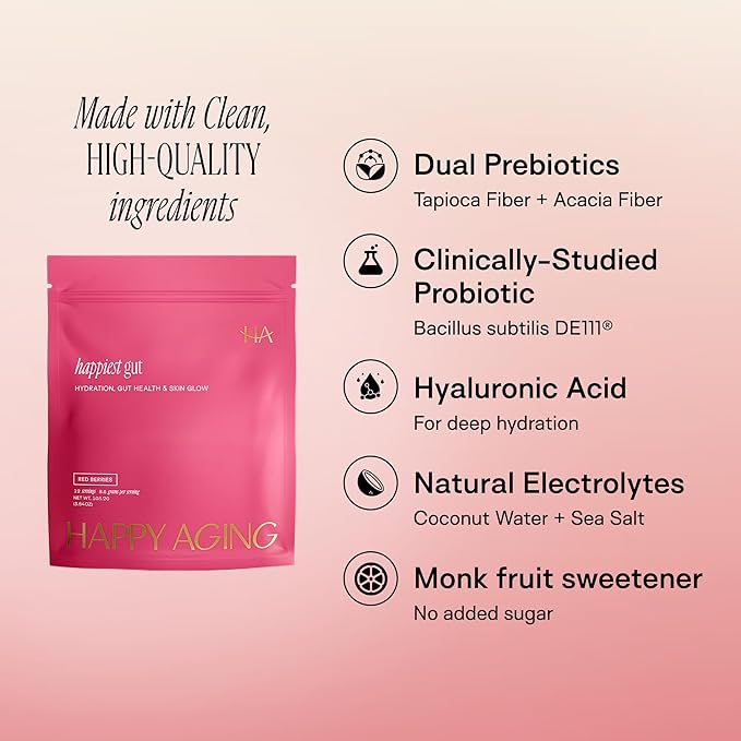 Happy Aging Happiest Gut Hydration Powder – Electrolytes + Probiotics + Dual Prebiotics + Hyaluronic Acid – Gut Balance, Skin Hydration & Daily Wellness – 12 Sticks (Red Berries)