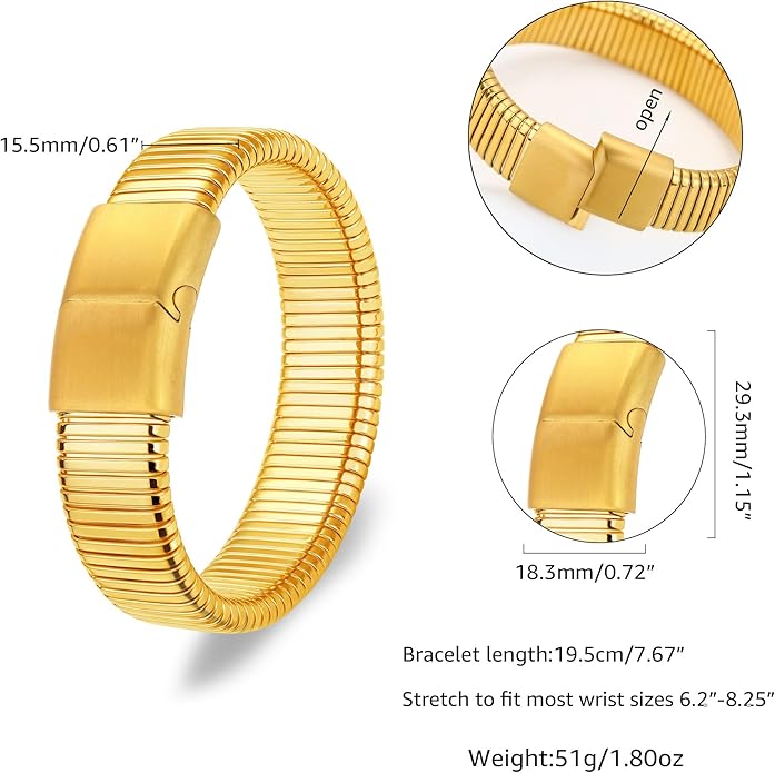 MISS RIGHT Gold Chunky Stretch Snake Chain Bangle Bracelets Stack for Women Trendy, 18K Gold Filled Stainless Steel Stretchy Womens Stackable Wristband Bangles Bracelet Set