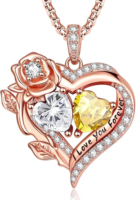 Rose Heart Necklaces for Women, Rose Gold Forever Love Jewelry with 2 Birthstones Pendant, Christmas Anniversarry Birthday Gifts for Her Wife Mom Grandma, 18+2 Inch Chain