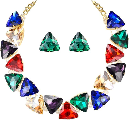 BriLove Art Deco Sparkly Triangle Statement Necklace Earrings Set for Women