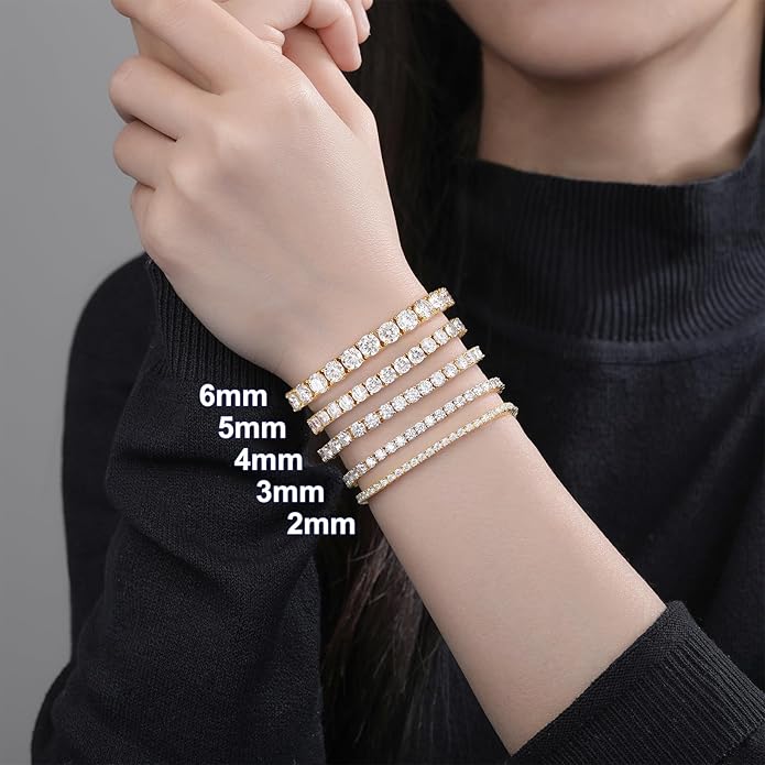 Moissanite Tennis Bracelet for Women Men White/Yellow Gold Plated S925 Sterling Silver D Color VVS1 Round Cut Moissanite Bracelets 2/3/4/5/6MM 6.5/7/7.5/8inch