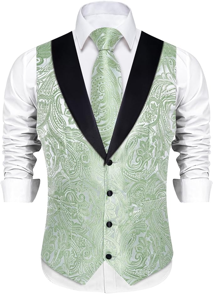 DiBanGu Mens Paisley Suit Vest Silk Jacquard Waistcoat and Necktie Set Formal Shawl Collar Dress Vest 7PCS for Wedding Party