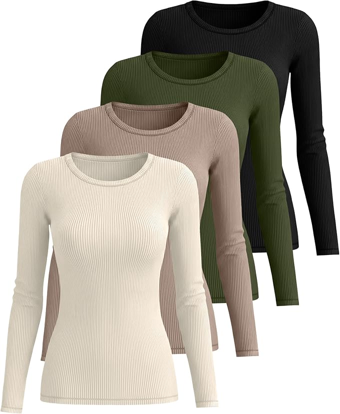 Neer 4 Pack Women's Ribbed Long Sleeve Shirts, Cotton Crew Neck Slim Fit Tops Stretch Knit Casual Base Layer Basic Tee Shirts