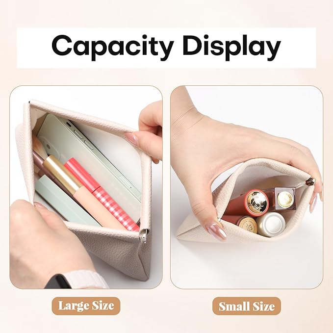 Sightor Leather Pocket Cosmetic Bag for Purse, 2 Pack Small Makeup Bag for Women Coin Purse Lipstick Cosmetic Accessories Organizer Travel Cosmetic Pouch (Creamy)