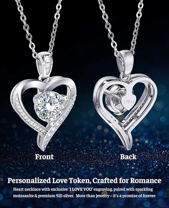 Heart Pendent Necklaces for Women, 1-3ct Moissanite Necklace with I love U Engraving - Anniversary Birthday Gifts for Women Her Wife Girlfriend Mom, 925 Silver Jewelry