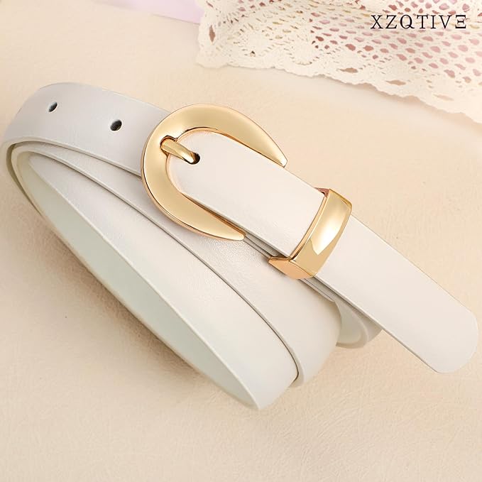 XZQTIVE Women Skinny Leather Belts for Jeans Dress Pants Fashion Ladies Thin Black Waist Belt with Gold Buckle