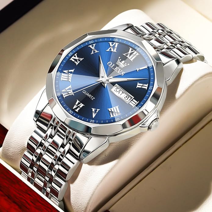 OLEVS Classic Men Watches with Date,Stainless Steel Man Watch with Date, Bussiness Watches for Men,Luminous Quartz Mens Watches Black/White/Blue/Gold, Waterproof Male Watch with Week