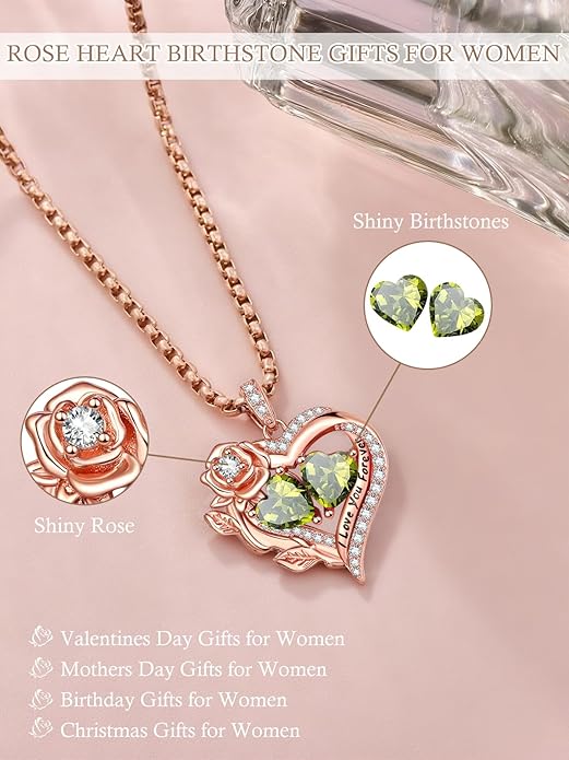 Rose Heart Necklaces for Women, Rose Gold Forever Love Jewelry with 2 Birthstones Pendant, Christmas Anniversarry Birthday Gifts for Her Wife Mom Grandma, 18+2 Inch Chain
