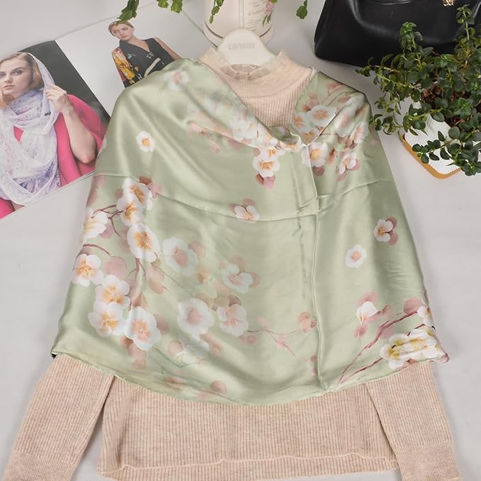 100% Mulberry Silk Scarf for Women Neck Oblong Headscarves Long Floral Print Lightweight Silk Wraps Shawls 67"*20"