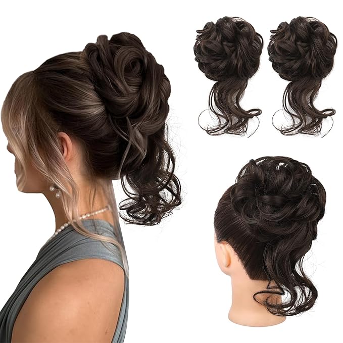 HOOJIH 2PCS Messy Bun Hair Piece, Wavy Curly Hair Wrap Ponytail Hairpieces, Dark Chocolate Brown