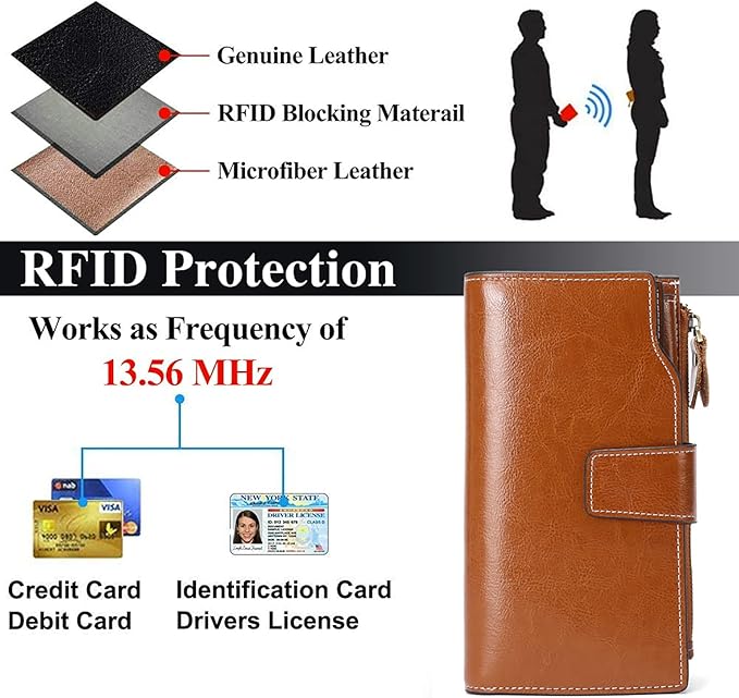Women's Retro Long Wallet Genuine Leather RFID Blocking Large Capacity Clutch Purse in Brown (Brown)