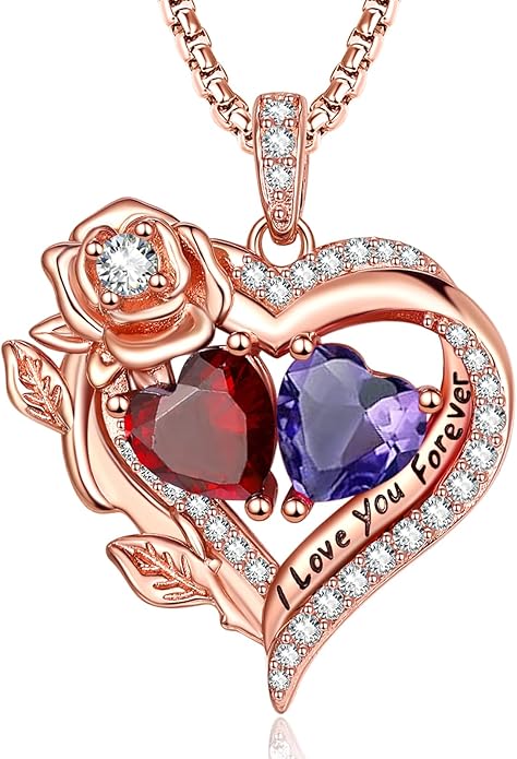 Rose Heart Necklaces for Women, Rose Gold Forever Love Jewelry with 2 Birthstones Pendant, Christmas Anniversarry Birthday Gifts for Her Wife Mom Grandma, 18+2 Inch Chain