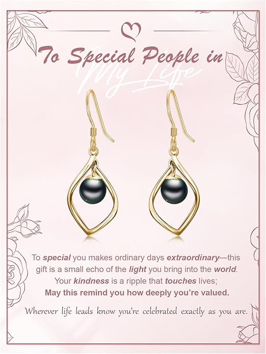 Tahitian Black Pearl AAAA 18K Gold Plated Sterling Silver Dangle Drop Earrings for Women Wife Mom Girlfriend Valentine Her Jewelry Gift for Anniversary Birthday Christmas