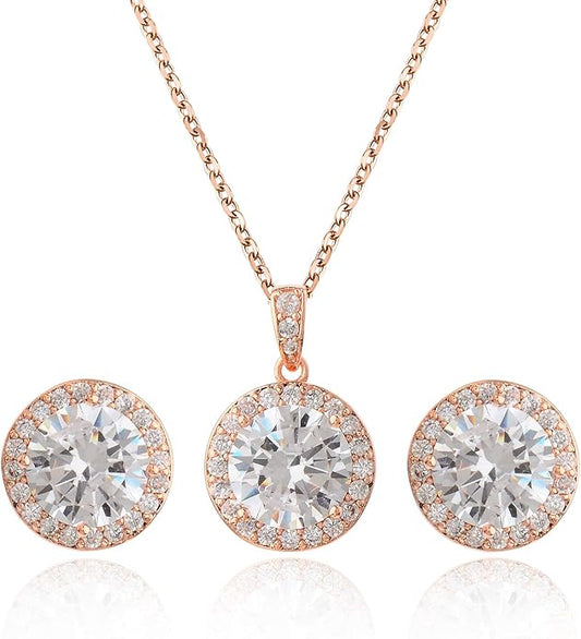 Bridal Crystal Jewelry Set - Sterling Silver Round Cubic Zirconia CZ Rhinestone Halo Birthstone Pendant Necklace Stud Earrings Set for Wedding Bride Bridesmaids Birthday Gift