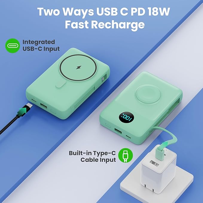 Magnetic Portable Charger for iPhone with Built-in Cables, 6-in-1 10800mAh Power Bank with iWatch Charger & LCD Display,25W Fast Charging Battery Pack for iPhone 17/16/15/14/13/12,Apple Watch (Green)