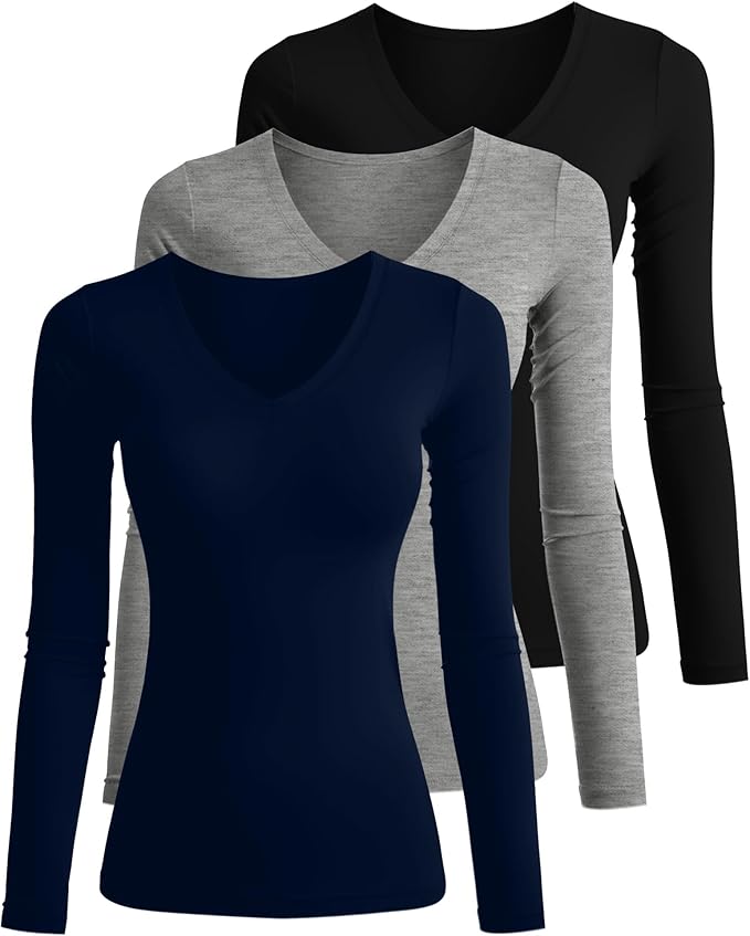 Ficerd 3 Pack Women's Long Sleeve Shirts, V Neck Basic Tees Slim Fitted Casual Fall Tops Going Out Blouses T Shirts