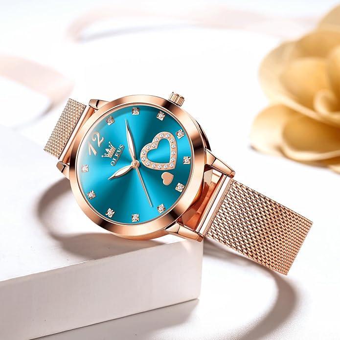 OLEVS Women's Small Wrist Rose Gold Tone Watch - Cute Diamond Heart Arabic Numerals Dial, Fashion Waterproof Mesh Bracelet Analog Dress for Ladies