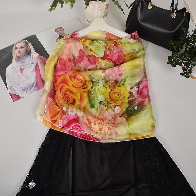 100% Mulberry Silk Women's Neck Silk Scarf-Lightweight Shawl,FLoral Print Beach Silk Wrap-Scarves for Photography