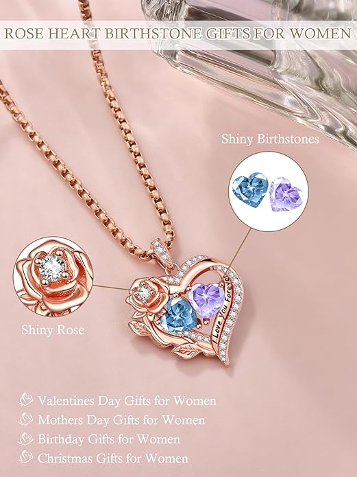 Rose Heart Necklaces for Women, Rose Gold Forever Love Jewelry with 2 Birthstones Pendant, Christmas Anniversarry Birthday Gifts for Her Wife Mom Grandma, 18+2 Inch Chain