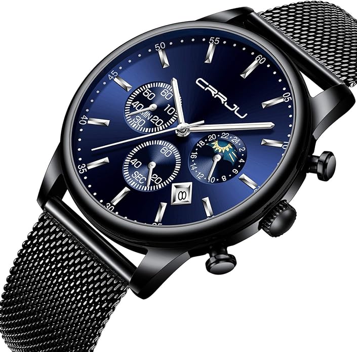 CRRJU Men's Fashion Casual Watches Auto Date Chronograph Watch Men Nice Work Watches Waterproof 30M Full Steel Quartz with Mesh Strap