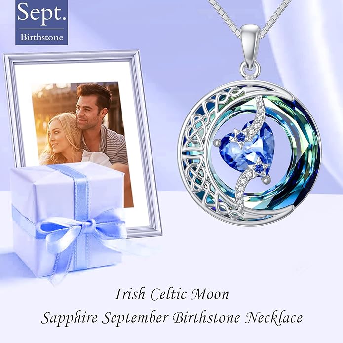 TOUPOP Birthstone Necklace 925 Sterling Silver Moon and Star Pendant with Blue Crystal Celtic Moon Jewelry Birthday Valentines Day Gifts for Women Mom Wife Her
