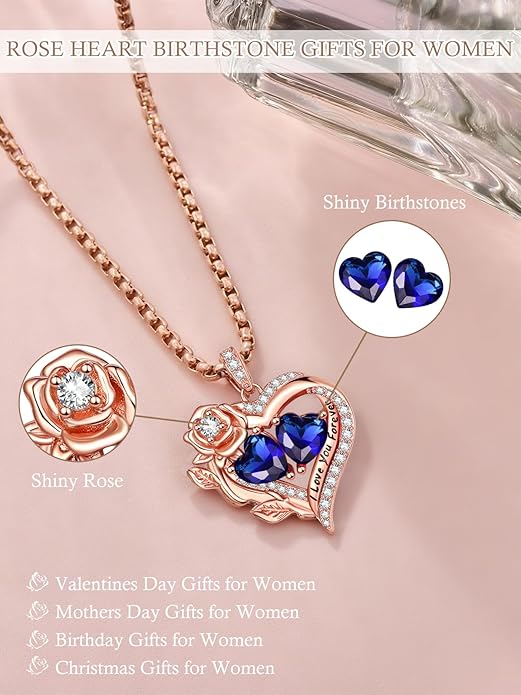 Rose Heart Necklaces for Women, Rose Gold Forever Love Jewelry with 2 Birthstones Pendant, Christmas Anniversarry Birthday Gifts for Her Wife Mom Grandma, 18+2 Inch Chain