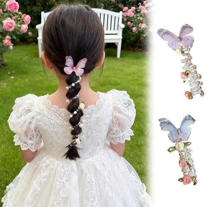 4PC Pearl Butterfly Telephone Wire Hair Ties – Spiral Elastic Bubble Ponytail Hair Bands for Women & Girls, No Damage, Soft & Stretchy Hair Accessories for High Ponytails and Braids(set-B)