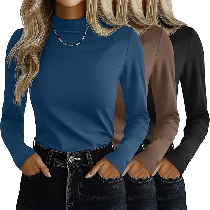 Ficerd 3 Pack Women's Mock Turtleneck Shirts, Long Sleeve Mock Neck Pullover Tops Slim Fitted Stretch Undershirt Tee Blouse