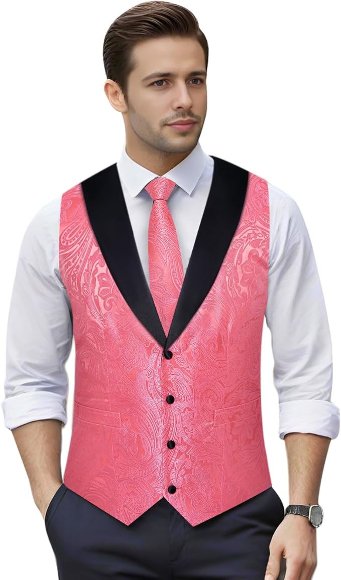 DiBanGu Mens Paisley Suit Vest Silk Jacquard Waistcoat and Necktie Set Formal Shawl Collar Dress Vest 7PCS for Wedding Party