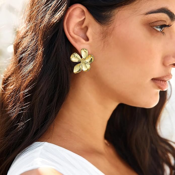 Gold Flower Statement Earrings for Women, 14K Gold Plated Large Irregular Leaf Floral, Big Chunky Dangle Earrings Set
