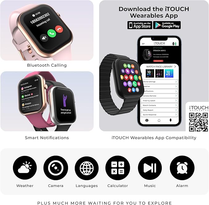 iTouch AIR 5 Smartwatch – 1.85” AMOLED Display, Bluetooth Calling, 100+ Sport Modes, Heart Rate, SPO₂, Stress & Sleep Tracking, IP68 Water Resistant, 7-Day Battery Life – for Android & iOS
