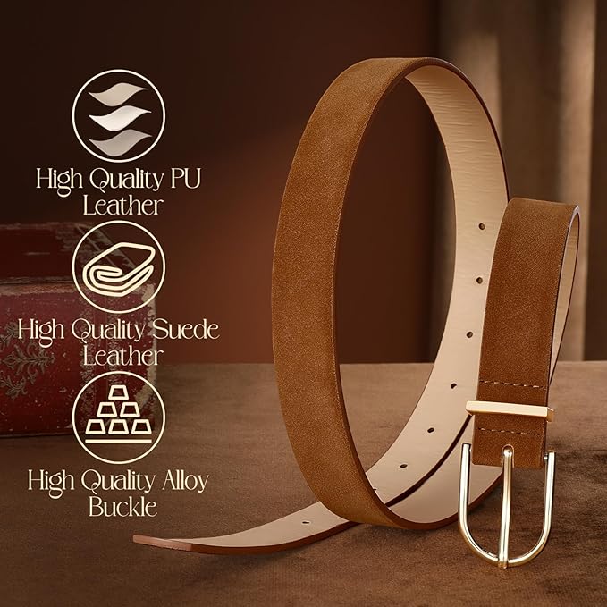 SANSTHS Women Faux Leather Chic Belts for Jeans Pants Fashion Ladies Belt Solid Color with Gold Curved Pin Buckle