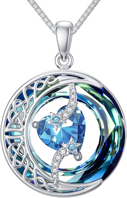 TOUPOP Birthstone Necklace 925 Sterling Silver Moon and Star Pendant with Blue Crystal Celtic Moon Jewelry Birthday Valentines Day Gifts for Women Mom Wife Her