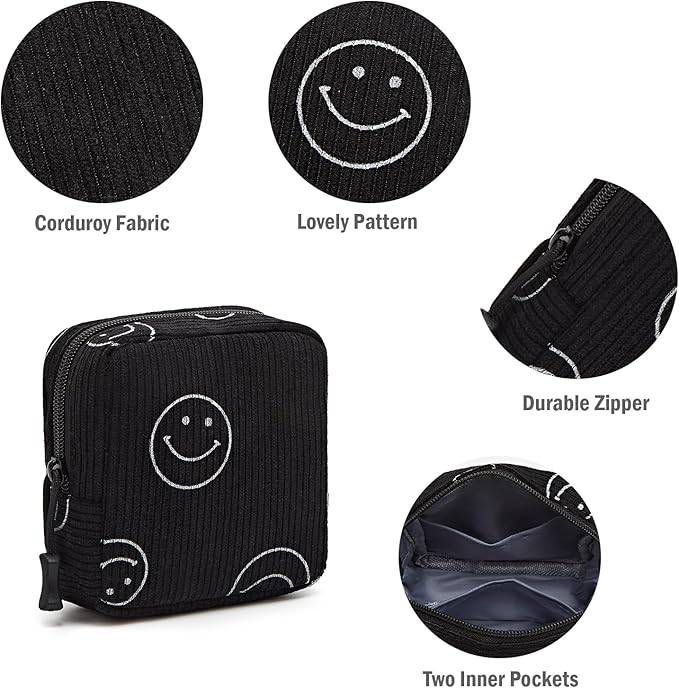 Small Makeup Bag for Purse,Mini Cosmetics Bag cute Zipper corduroy Cosmetic Pouch Storage Pouch Travel Toiletry Organizer for Women Girls(Smiley Face,Black)