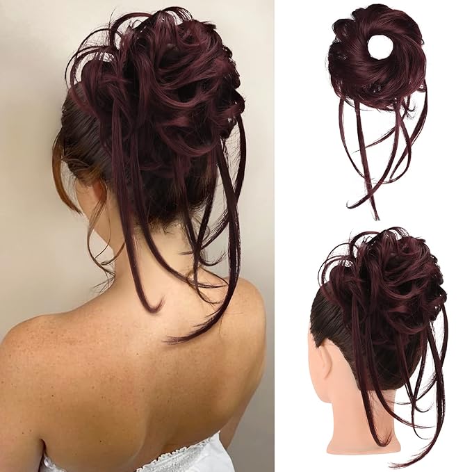 HOOJIH Messy Bun Hair Piece, Super Long Tousled Updo Bun Extensions Wavy Wrap Ponytail Hairpieces Scrunchies with Elastic Hair Band for Women HB007 Grace - Wine Red