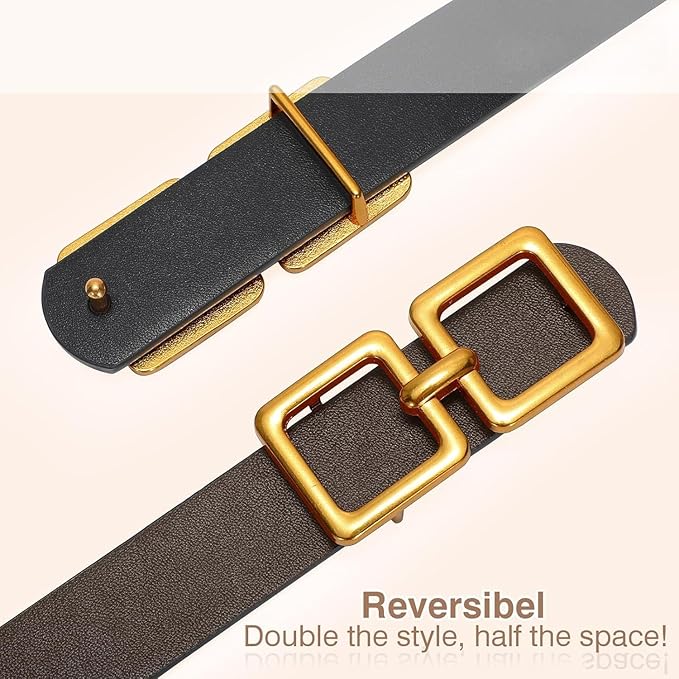 Reversible Genuine Leather Belt for Women - Gold Buckle for Jeans & Dresses