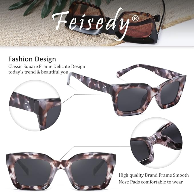 FEISEDY Classic Women Sunglasses Fashion Thick Square Sun Glasses Chunky Frame UV400 B2471