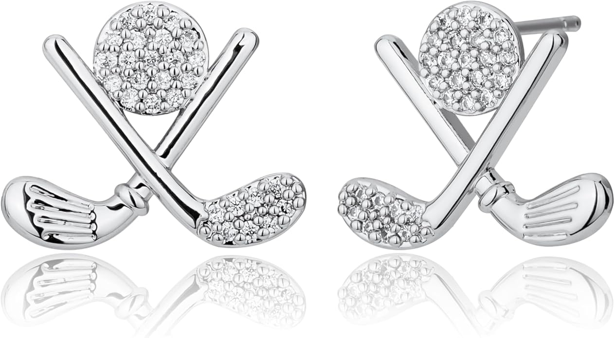 Golf Stud Earrings for Women Silver Gold Gifts Cubic Zirconia Flat Back Hypoallergenic Club Cute Dainty Player Fan Tournament Fashion Unique Accessory Small Birthday Novelty Sports Jewelry