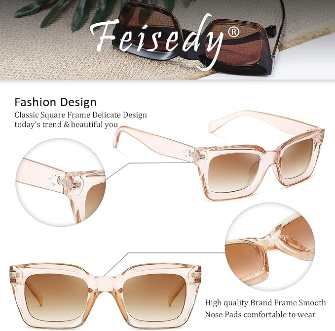 FEISEDY Classic Women Sunglasses Fashion Thick Square Sun Glasses Chunky Frame UV400 B2471