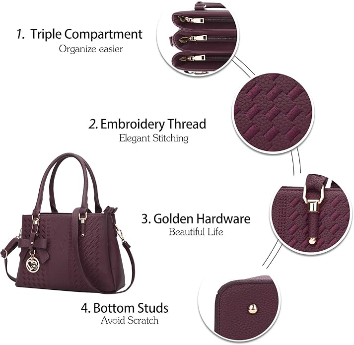 KKXIU Women Satchel Bags Handle Shoulder Handbags and Purses Pockets Zipper Leather Crossbody Bags