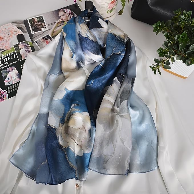 100% Mulberry Silk Scarf for Women Neck Oblong Headscarves Long Floral Print Lightweight Silk Wraps Shawls 67"*20"