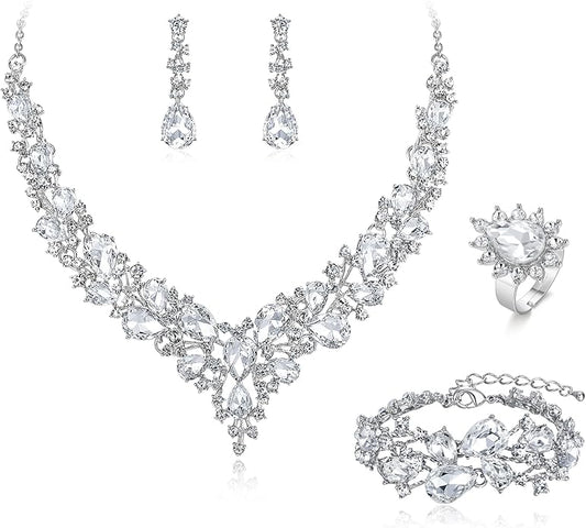 BriLove Wedding Bridal Jewelery for Women Austrian Crystal Teardrop Cluster Statement Necklace Dangle Earrings Link Bracelet Set