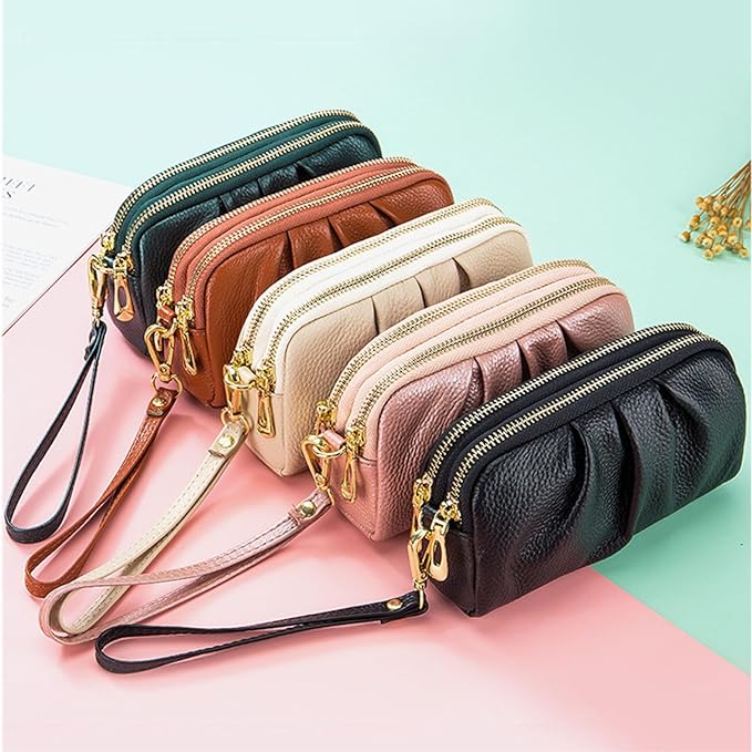 Wristlet Wallets for Women Genuine Leather Wristlet Purses Ladies Ruched Wristlet Clutch Wallet Purses