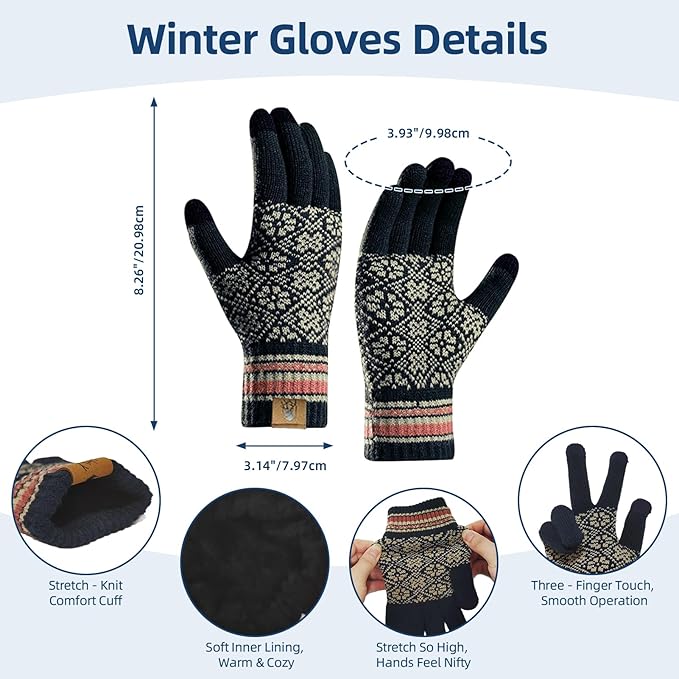Womens Winter Beanie Hat Long Scarf and Touchscreen Gloves 3Pieces Fleece Lined Skull Caps with Pompom Neck Scarves Set