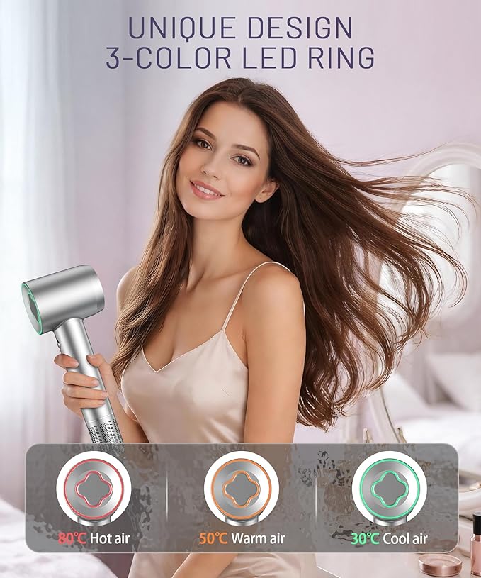 Cosy Companions Hair Dryer - 150000 RPM High-Speed Brushless Motor Negative Ionic Blow Dryer for Fast Drying, Low Noise Thermo-Control Hair Dryer with Diffuser and Nozzle, Silvery