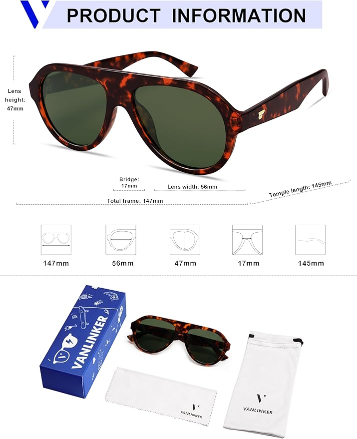 VANLINKER Retro Aviator Polarized Sunglasses for Men Women Trendy 70s Vintage Plastic Frame Sun Glasses VL9750