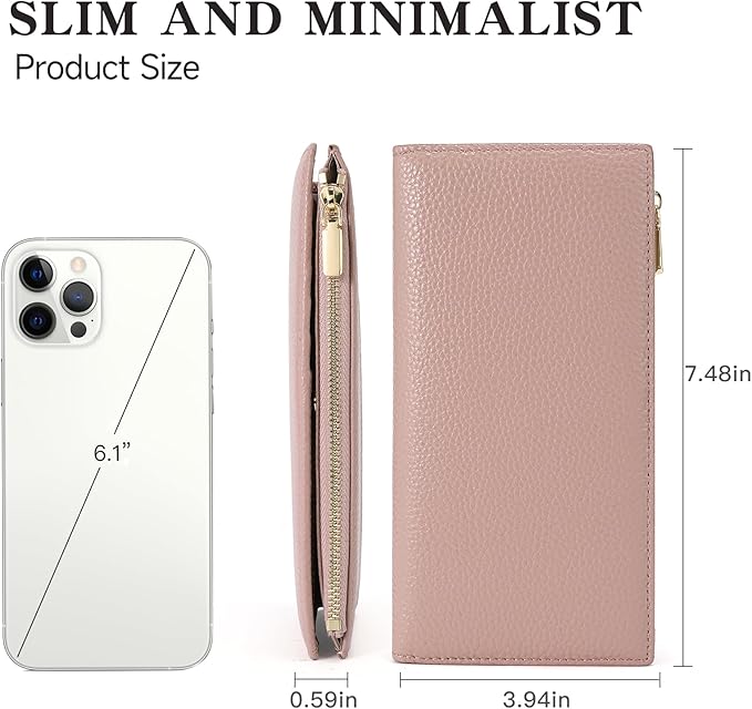 Slim Blue Wallet for Women, RFID Blocking Genuine Leather Bifold with Secure Zippered Coin Pocket (Pink)