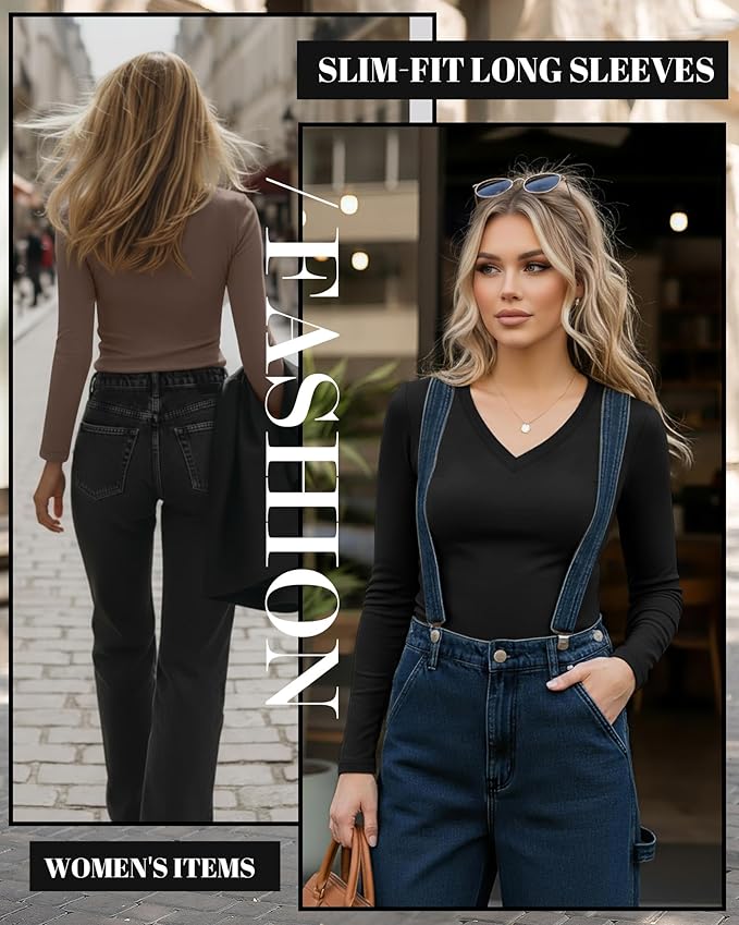Ficerd 3 Pack Women's Long Sleeve Shirts, V Neck Basic Tees Slim Fitted Casual Fall Tops Going Out Blouses T Shirts